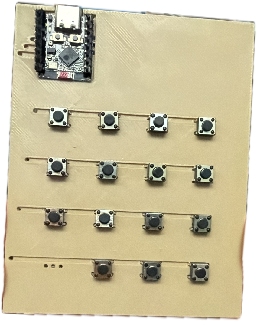 Inside the baby remote — 3D-printed PCB with 15 tactile switches, a tinned-wire matrix and an ESP32-C3