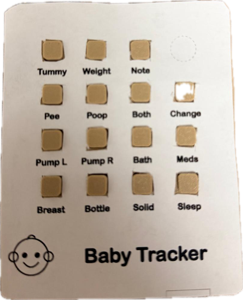 3D-printed baby remote with a printed sticky-label faceplate over 15 buttons