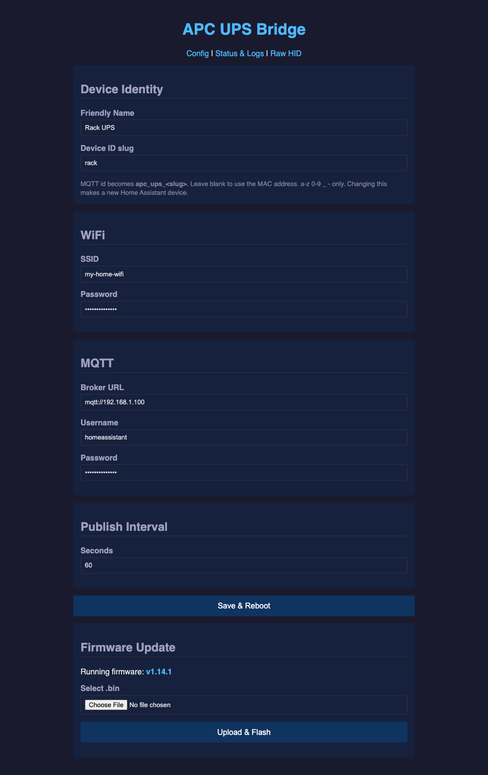 The device config page: identity, WiFi, MQTT broker, publish interval and OTA firmware upload