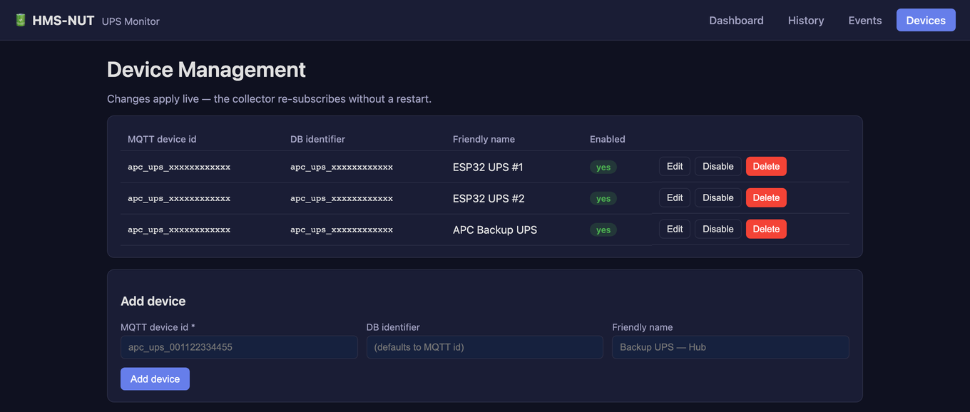Device management in HMS-NUT, where each node is registered and can be renamed or disabled