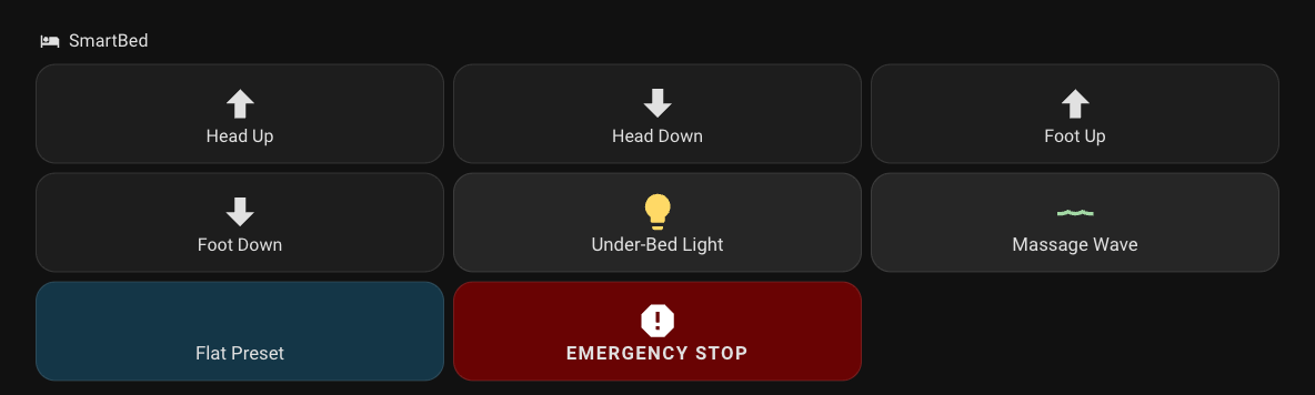 The SmartBed dashboard in Home Assistant: head and foot controls, under-bed light, massage wave, flat preset and an emergency stop