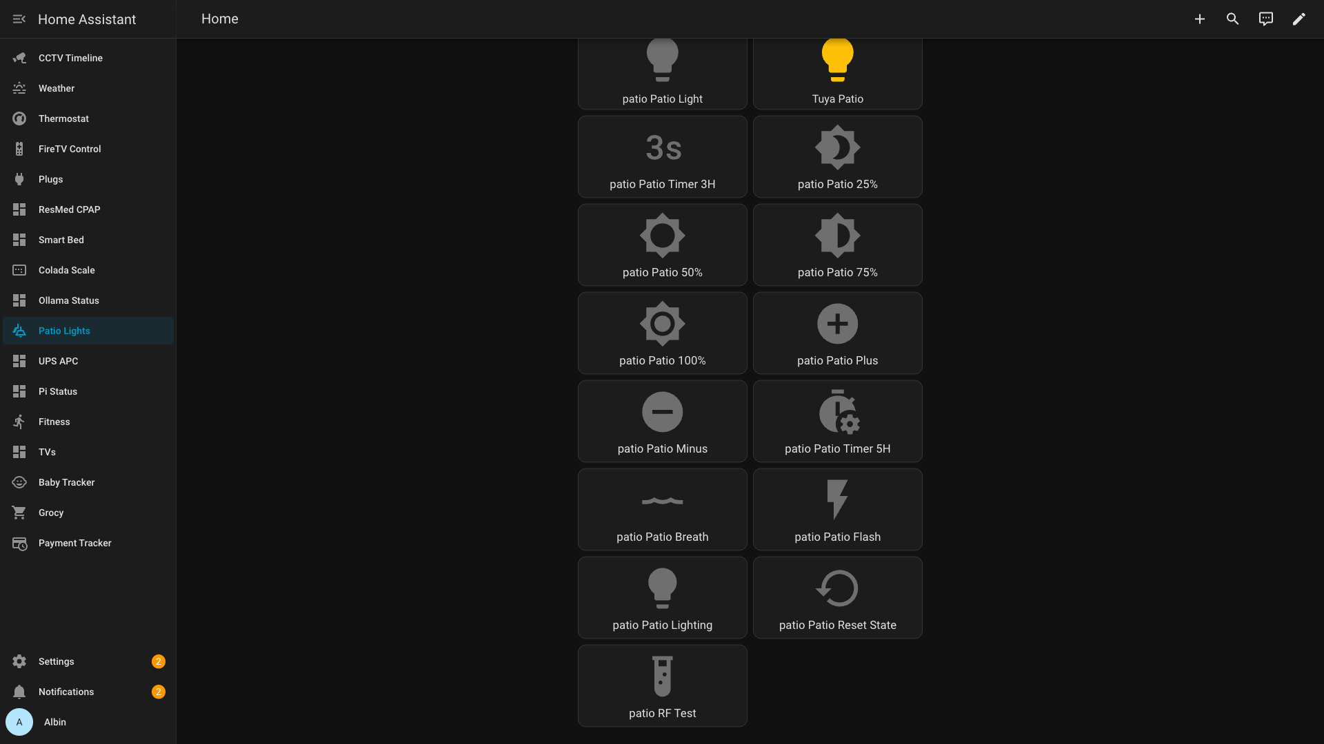 The patio dashboard in Home Assistant: every button from the original remote, now an entity