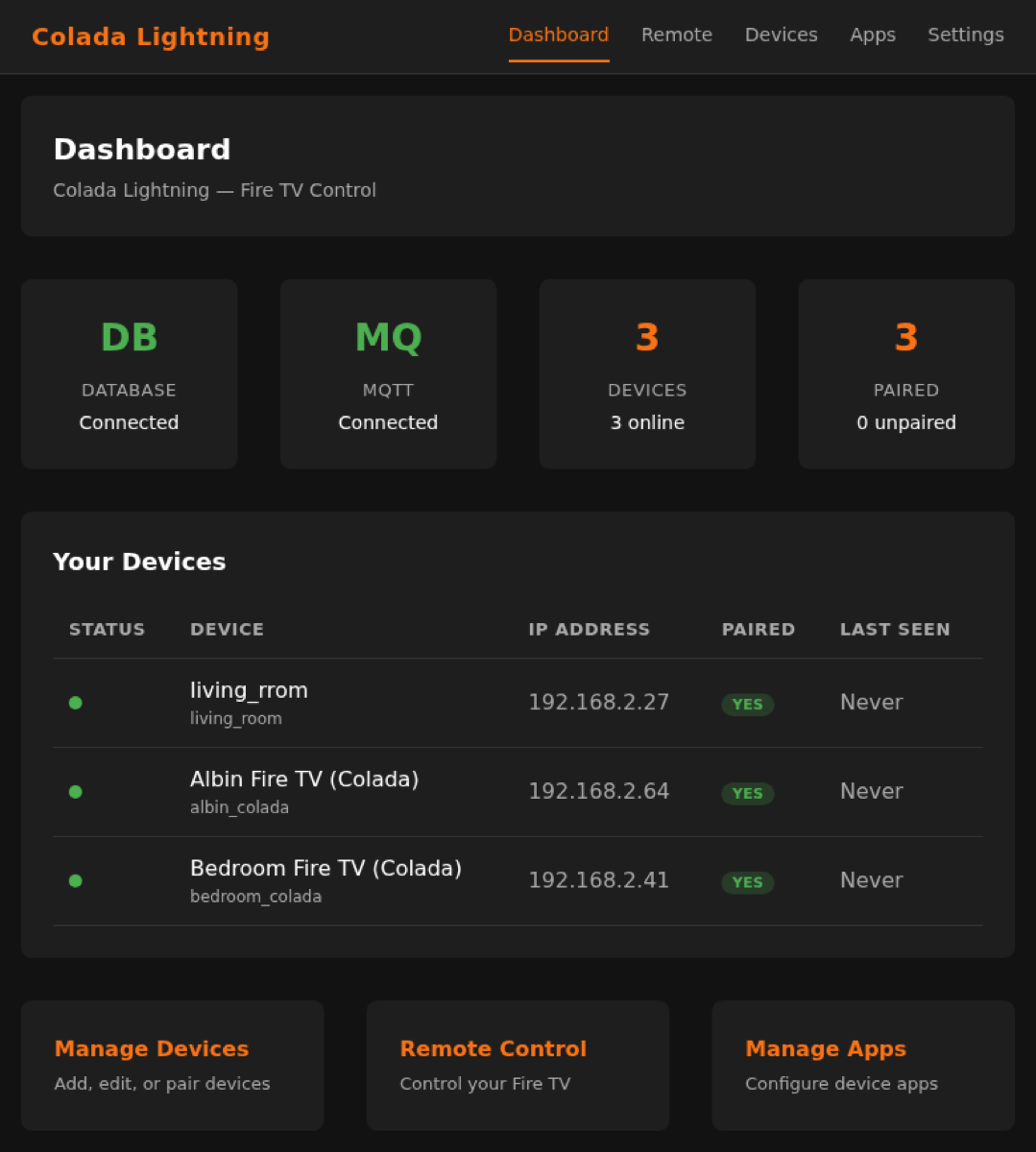 HMS FireTV Angular dashboard showing device overview and DB/MQTT status