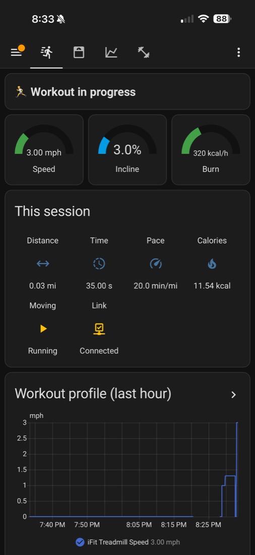 Home Assistant Fitness dashboard — live run view