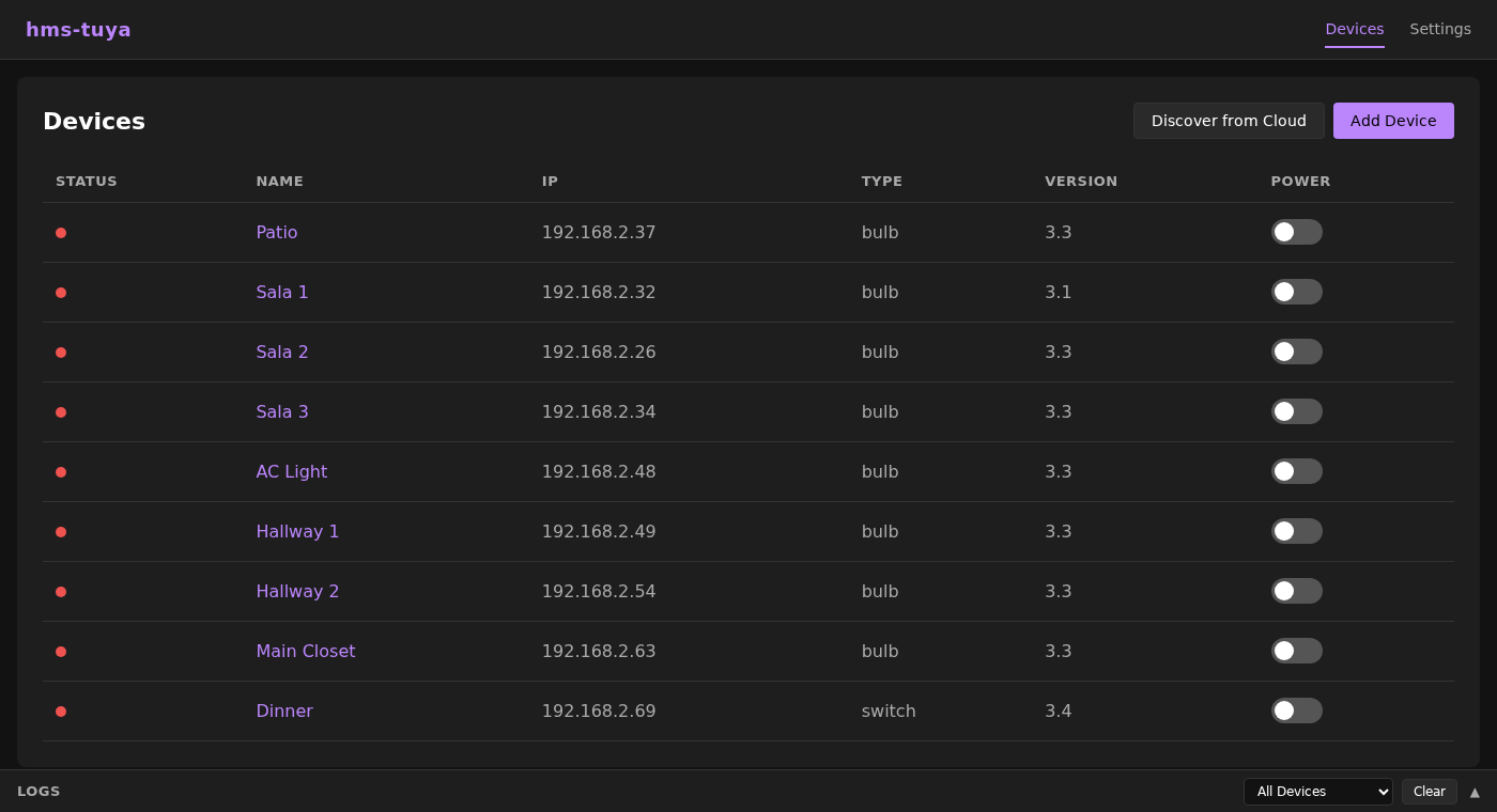 Smart Home Maestro Tuya bridge admin UI showing locally controlled devices auto-discovered in Home Assistant